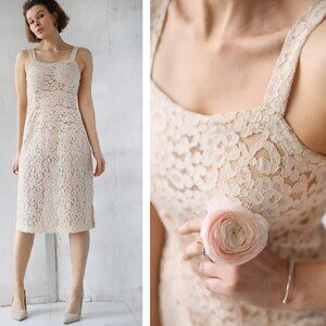 Vintage semi sheer beige lace sleeveless midi dress S